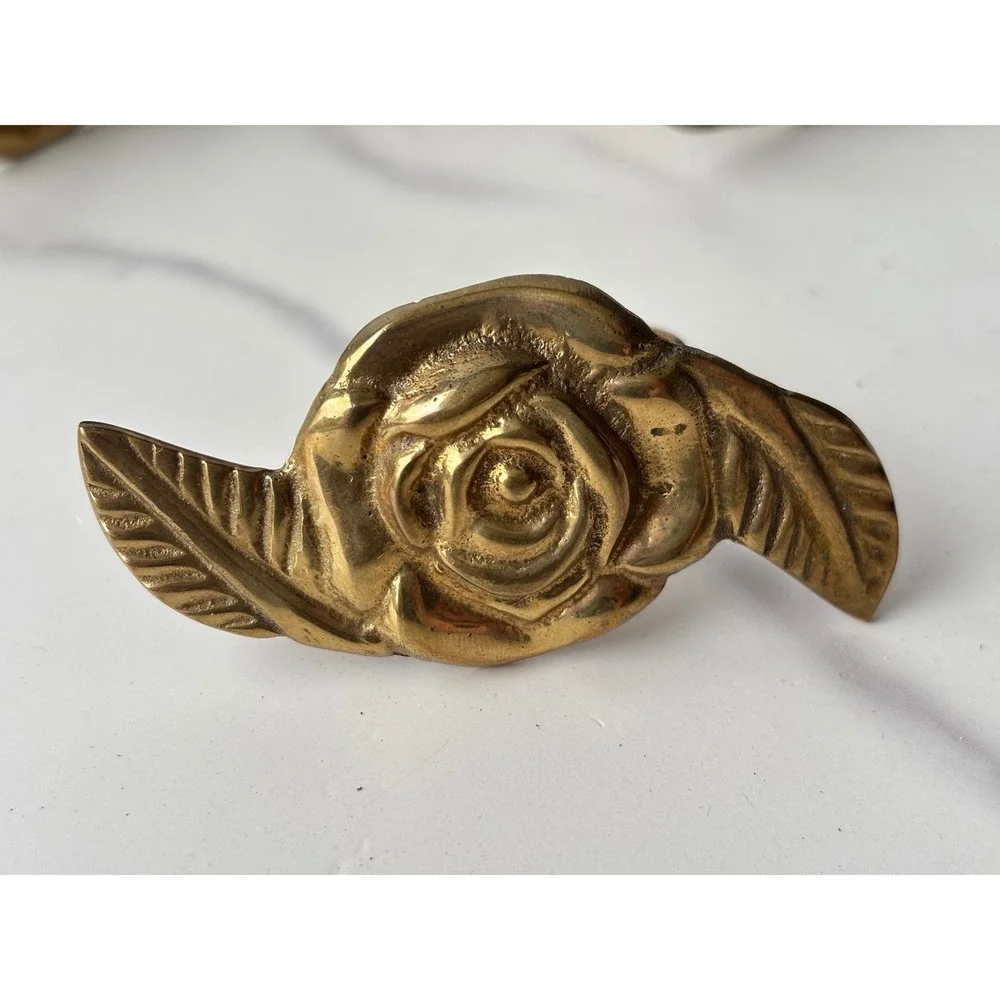 Vintage Brass Rose Napkin Rings Set of 8 Floral Leaf Gold Tone Table Decor